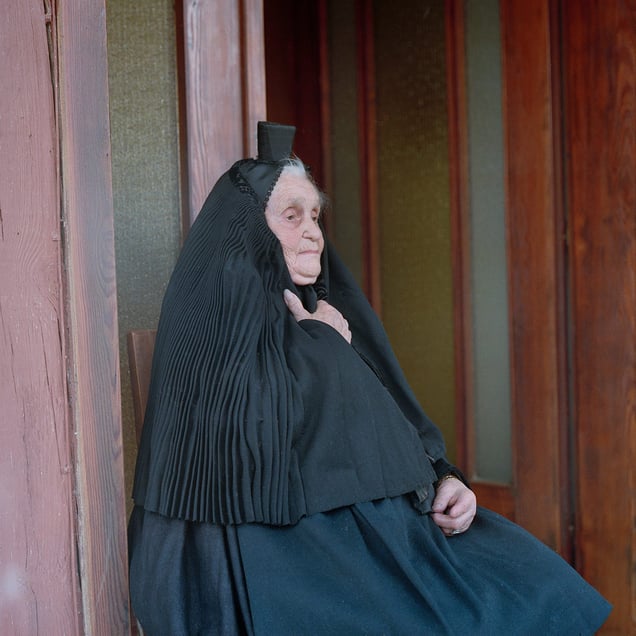 Anna Katharina Suessmann (b. 1923) in her special veil for mourning at funerals, Schwalm, Hessia, Germany, 2011. From the series: Village Queens. The last women in their traditional peasant garbs