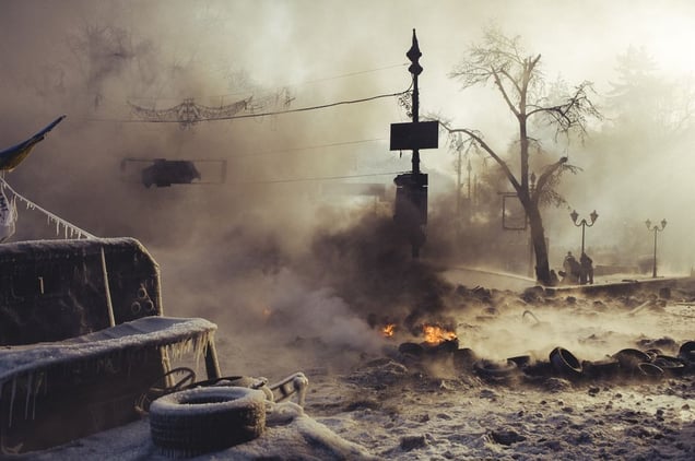 Morning on Hrushevskoho street after the night of flaming tires and Molotov cocktails. Protesters again construct barricades, prepare Molotov cocktails before night battle between protesters and police, which became already a usual thing. Kiev, Jan. 25, 2014