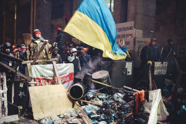 Security of the Main Staff of the Euromaidan after riot police try to clear some territory. Kiev, Dec. 11, 2014.