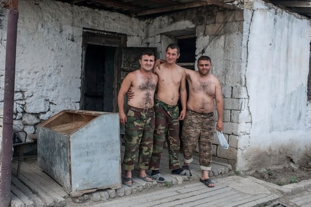 Nagorno Karabakh, Nr. Terter A group of soldiers belonging to the armed forces of Nagorno-Karabakh at a border post with Azerbaijan. The Nagorno-Karabakh Republic (NKR) is a de facto independent republic which is not recognized internationally.© Petrut Calinescu