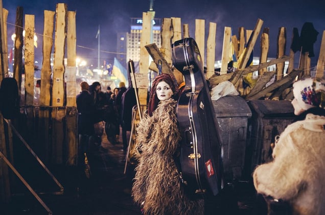 The Dakh Daughters music band goes to their concert on Euromaidan. Kiev, Dec. 21, 2014.
