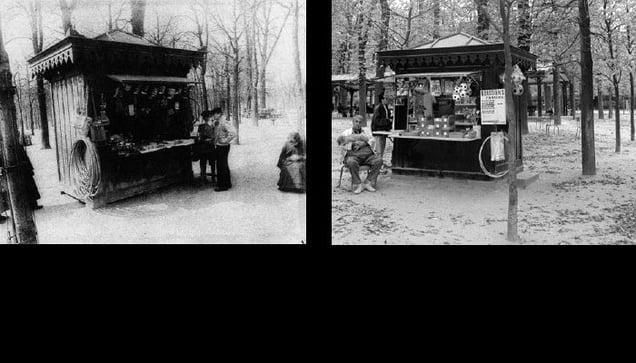 Marchand de jouets,  jardin du Luxembourg, 1898, © Eugene Atget. Marchand de jouets,  jardin du Luxembourg, 1997, © Christopher Rauschenberg.