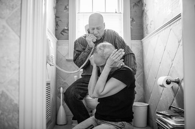 Howie and Laurel Borowick sit next to the bathroom telephone as they receive the most recent news from their oncologist. New York, US, 08 March 2013.