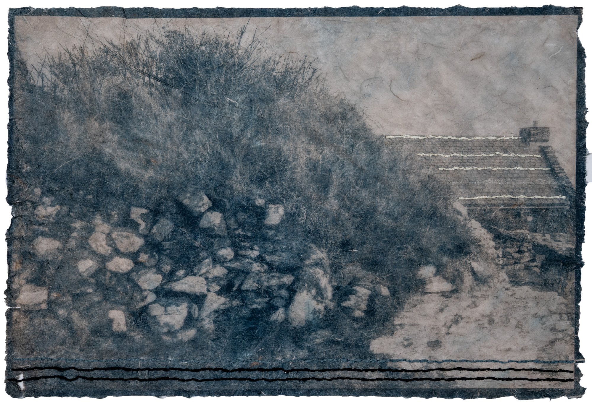 This is an image of the back of a cottage, made with the cyanotype process onto semi-transparent, hand made paper. It has been toned with black tea and stitched with flax thread.. The paper is ripped and torn in places and the edges of the paper are deckled. The cyanotype process was developed in the 1840s, the time period I am reflecting upon. The flax thread was a textile product found in Ireland for centuries, as is black tea. The tea tones the bright blue of the cyanotype into a brown and blue. The image represents a stone cottage, once abandoned, where people once lived and worked as well as surroundings on a cliff overlooking the ocean © Patricia Howard