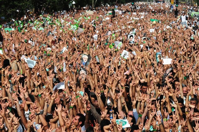Hundreds of thousands of Iranian supporters of defeated reformist presidential candidate Mir Hossein Mousavi demonstrate in Tehran.  Opposition supporters defied a ban to stage a mass rally in Tehran in protest at President Mahmoud Ahmadinejads landslide election win, as Iran faced a growing international backlash over the validity of the election and the subsequent crackdown on opposition protests. Tehran, IRAN -  June 20, 2009
© Copyright 1979-2009 Alfred Yaghobzadeh. All rights reserved.