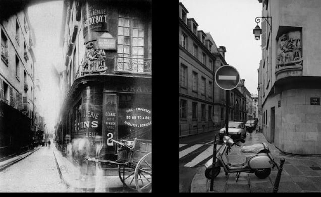 Rue des Nonnaines-d'Hyères, 1900, © Eugene Atget. Rue de Fourcy, 1998, © Christopher Rauschenberg.