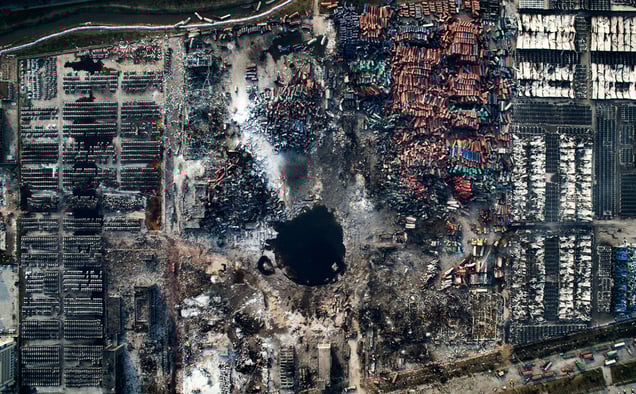 Aerial view of the destruction after the explosion in Tianjin, China, 15 August 2015.