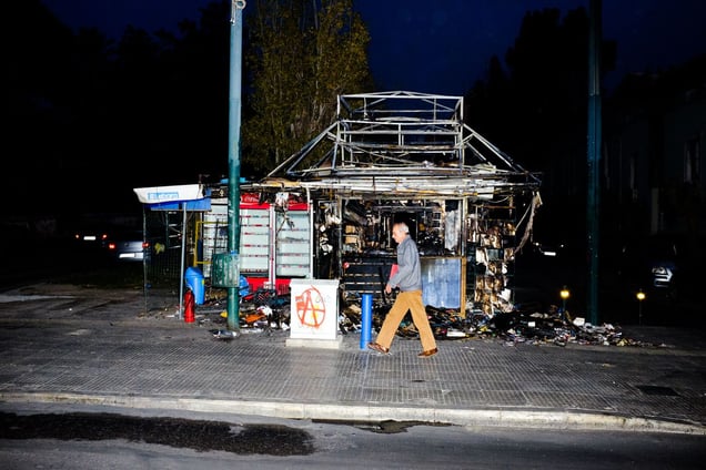 Burned kiosk.