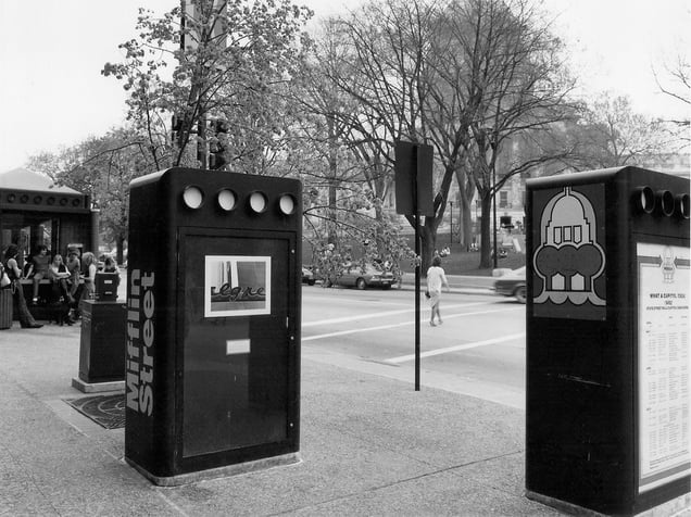 'In situ' installation view, west corner, Capitol Square, Madison, WI, 1982