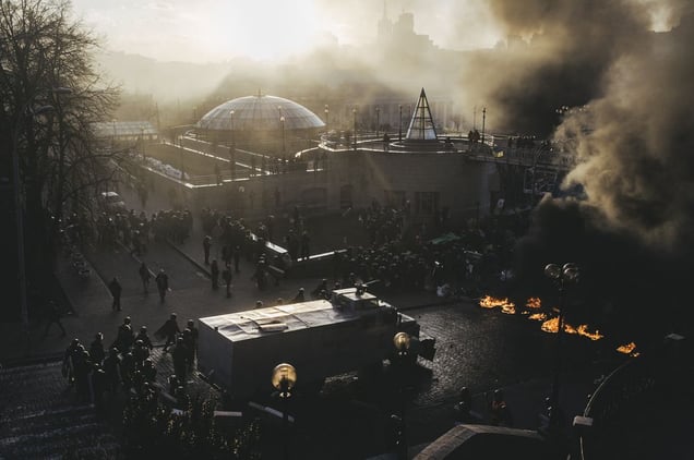 Riot police storm Maidan after clashes on Shelkovichna street. Kiev, Feb. 18, 2014.