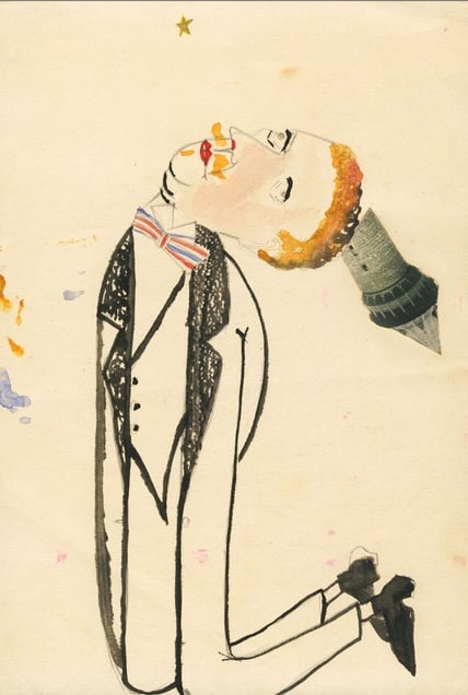 Kneeling man with tower,  1920. Indian ink, ink, watercolor and collage on paper. Collection Henry Blumenfeld © The Estate of Erwin Blumenfeld