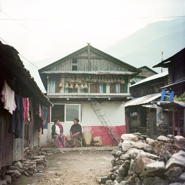 Sukmaya Gurung (left), 48, and Baisamaya Gurung, 50, were fortunate to be married off in the villages they grew up in. They meet frequently, support each other in agriculture, and stand by each other in times of need.