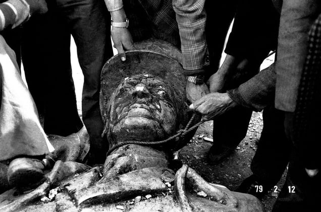 Statue of Shah Mohammad Reza Pahlavi is torn down by demonstrators near Khomeinis temporary headquarters in Tehran, IRAN - February 1979
© Copyright 1979-2009 Alfred Yaghobzadeh. All rights reserved.