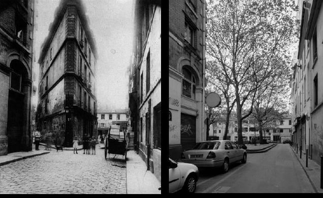 Coin de la rue Saint-Spire et de la rue Sainte-Foy,  appelé à disparaître dans le prolongement de la rue Dussoubs, 1907, © Eugene Atget. Coin de la rue Saint-Spire et de la rue Sainte-Foy, 1998, © Christopher Rauschenberg.