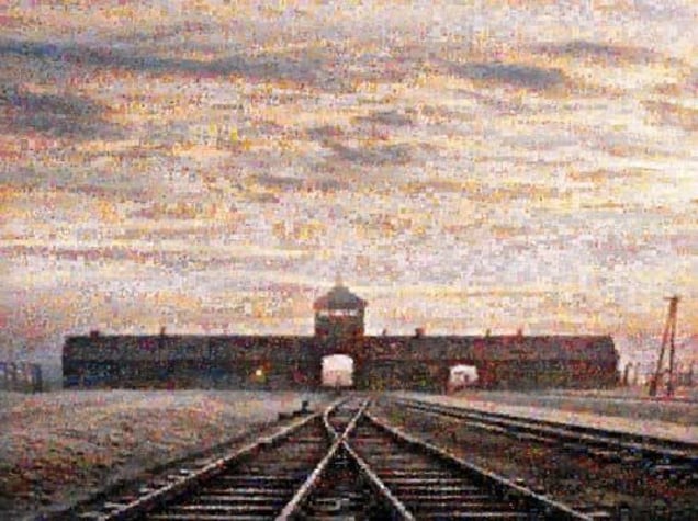 Auschwitz, 2005, Auschwitz façade. The photograph has been refashioned using photomosaic freeware, linked to Google’s Image Search function. The final result is a composite of 10,000 images available on the Internet that responded to the words history, destiny, memory, past, commemoration, conflict, violence, horror, barbarism, truth, testimony,  mourning, judgment, conscience as search crtieria.