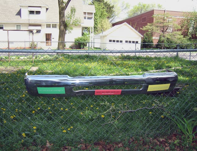 3 bumperstickers by LK, from a set of 5, on Ford truck bumper, with thanks to Al of A-Z Auto Dismantling and Sales.