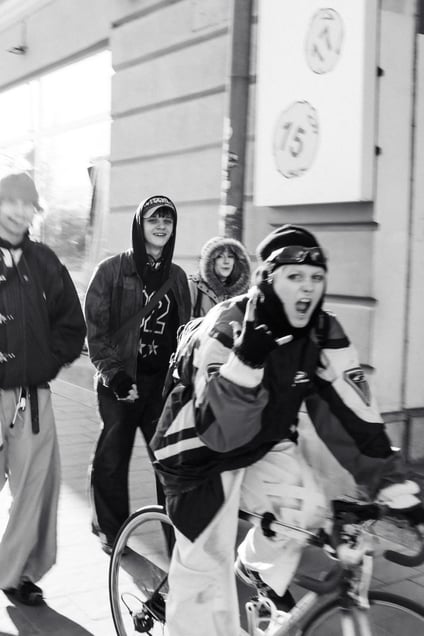 A group of youngsters in the streets of Kraków.