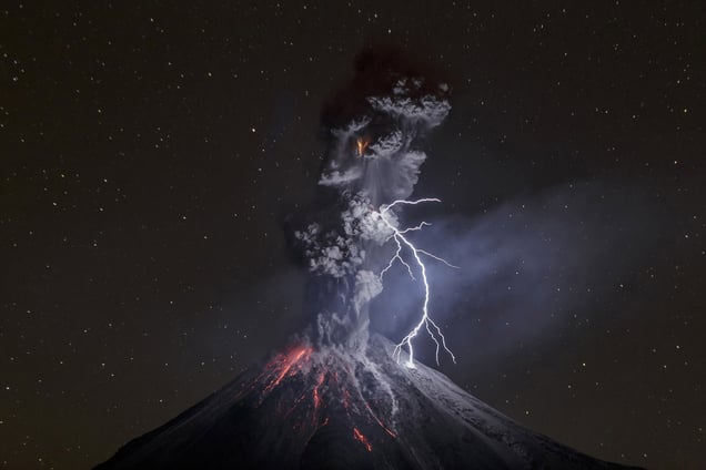 Colima Volcano in Mexico shows a powerful night explosion with lightning, ballistic projectiles and incandescent rockfalls; image taken in the Comala municipality in Colima, Mexico, 13 December 2015.