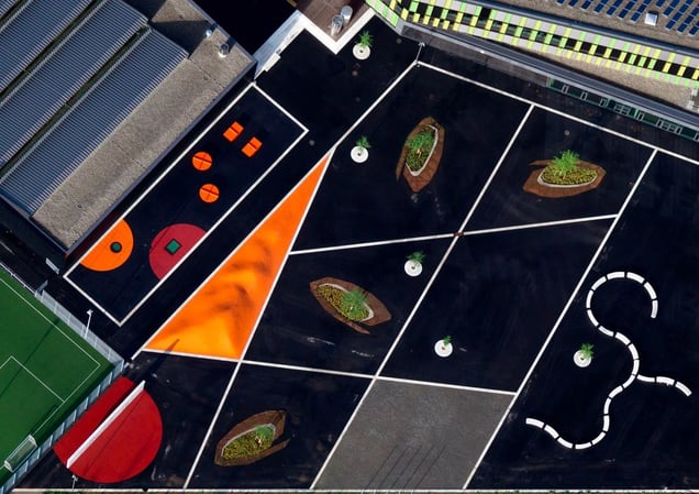 Schoolyard. I took this image while para-gliding over Räumliches Bildungszentrum, in Biberach an der Riss. It was an early morning in May, it had rained all night, and it was perfect conditions to get good contrasts. I took five flights between 2013 – 2014 trying to get the perfect shot, with perfect contrast and shadows, until I finally got it this morning in May 2014.