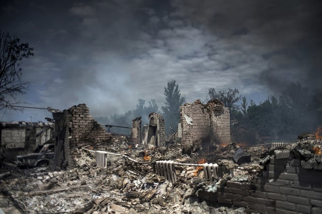 A house destroyed during an air attack in the village of Luhanskaya