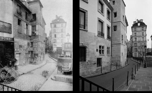 Rue des Ursins, 1900, © Eugene Atget. Rue des Ursins, 1998, © Christopher Rauschenberg.