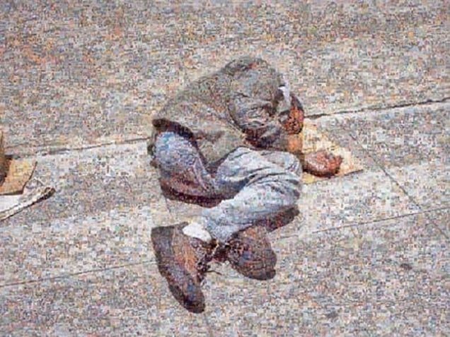 Homeless, 2005, Homeless man sleeping on the sidewalk. The photograph has been refashioned using photomosaic freeware, linked to Google Image Search function. The final result is a composite of 10,000 images available on the Internet that responded to the names of the names of the 25 richest persons in the world according Forbes magazine (2004) as search criteria.