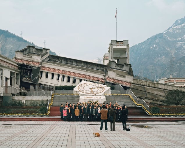 Sichuan Wenchuan earthquake ruins tour (China). 'We arrive in Yingxiu town and take pictures for Xuankou middle school (about 53 died), Xuankou grade school (about 250 died).' Courtesy of the artist.