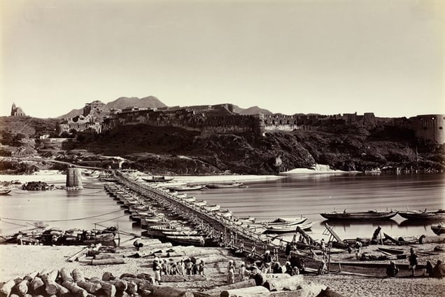 "Attock from Khyrabad." © John Burke.
This picture of the military bridge across the Indus appeared in Burkes Afghan albums but was actually shot in 1863 during the Ambela Campaign. It is signed by William Baker to whom Burke was apprenticed, but its inclusion in the folio suggests Burke may have made the picture himself (in
Bakers employment) or been present assisting Baker, learning his trade.