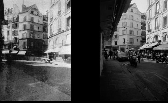 Angle de la rue de Seine et de la rue de Buci, vers 1900, © Eugene Atget. Angle de la rue de Seine et de la rue de Buci, 1997, © Christopher Rauschenberg.