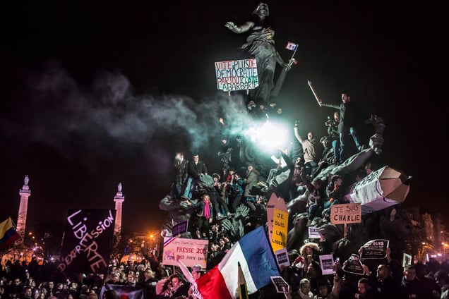 Demonstration against terrorism in Paris, after a series of five attacks occurred across the Île-de-France region, beginning at the headquarters for satirical newspaper Charlie Hebdo. Paris, France, 11 January 2015.