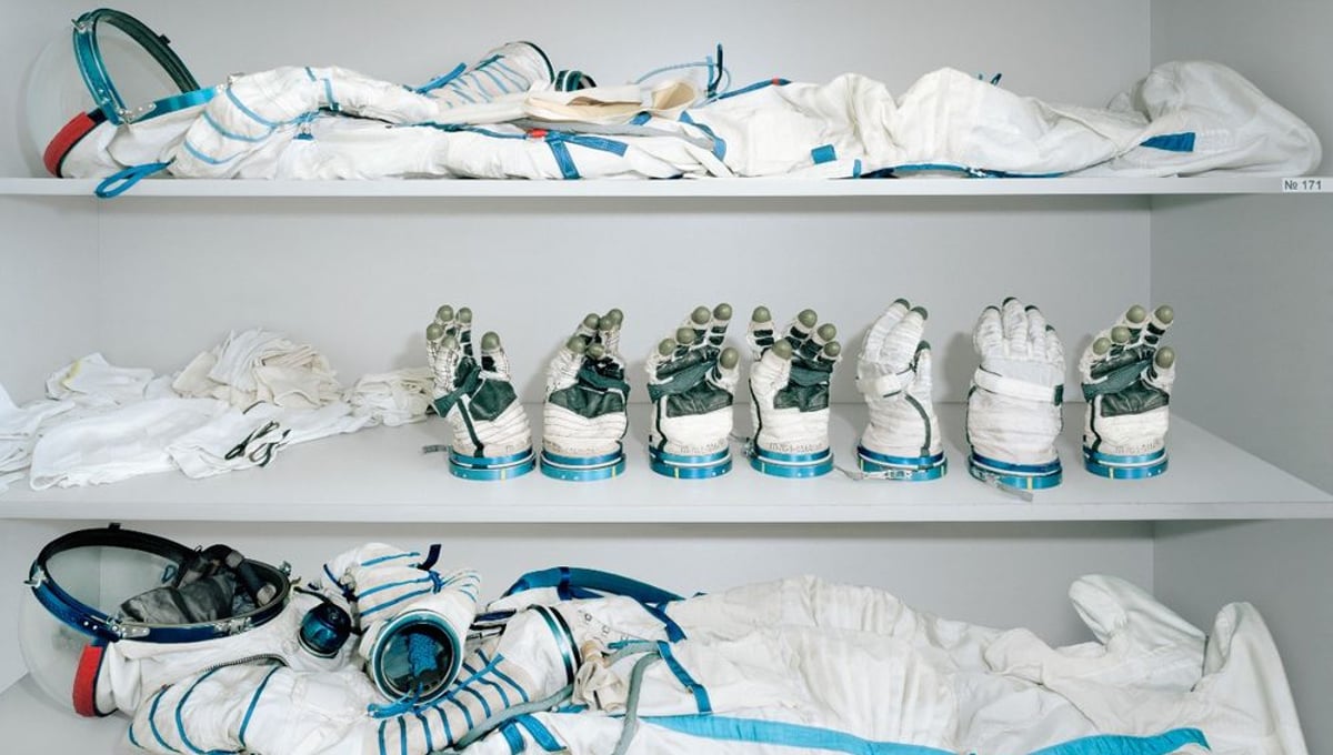 Astronaut dressing room. The Sokol suits were introduced in 1973 and are still in use today. Their purpose is to keep the astronaut alive in the event of an accidental depressurization of the spacecraft. They cannot be used outside the spacecraft. The suit uses an open-circuit life support system that somewhat resembles scuba equipment and weights around 10kg. © Edgar??Martins