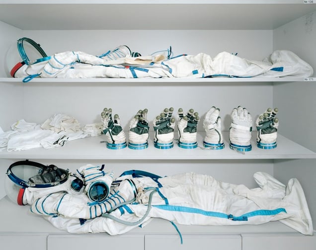 Astronaut dressing room. The Sokol suits were introduced in 1973 and are still in use today. Their purpose is to keep the astronaut alive in the event of an accidental depressurization of the spacecraft. They cannot be used outside the spacecraft. The suit uses an open-circuit life support system that somewhat resembles scuba equipment and weights around 10kg. © Edgar??Martins