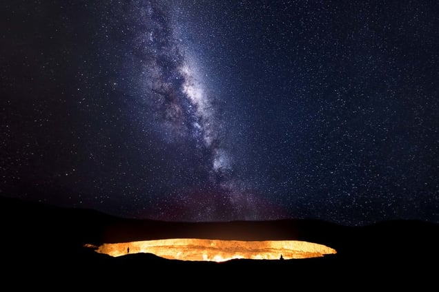 Heaven meets Hell as the Milky Way ascends over the Darvaza gas crater in the Karakom desert of Turkmenistan.