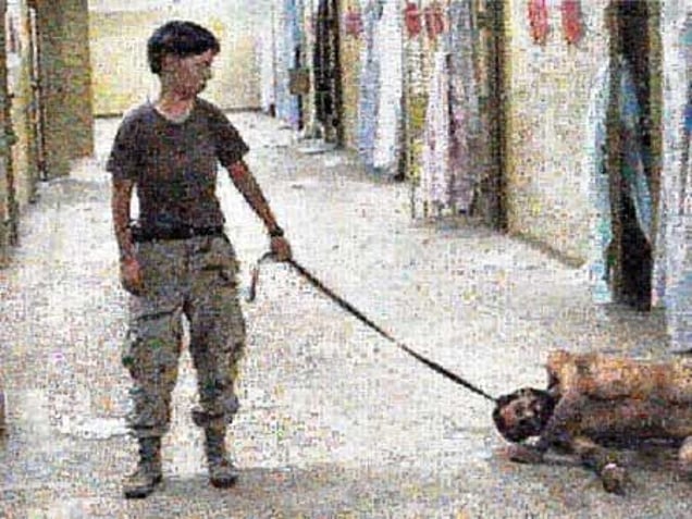 Abu Ghraib, 2005, Private Lynndie England humiliating a prisoner in the Abu Ghraib detention center in Baghdad. The photograph has been refashioned using photomosaic freeware, linked to Google’s Image Search function. The names of individuals and positions mentioned in the Final Report of the Independent Panel to Review DoD Detention Operation (AKA the Schlesinger Panel)  © Joan Fontcuberta