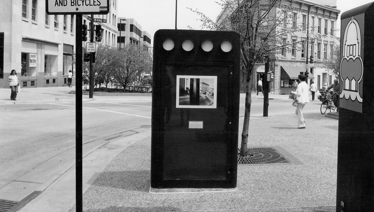 'In situ' installation view, east corner, Capitol Square, Madison, WI, 1982