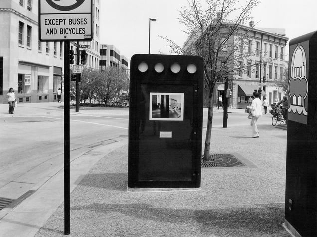 'In situ' installation view, east corner, Capitol Square, Madison, WI, 1982