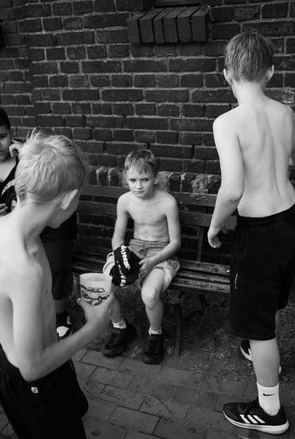 A group of young boys play in the courtyard of a working-class neighborhood Nikiszowiec in Katowice.