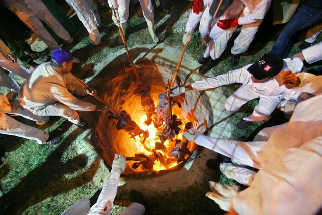 Mt. Grizim, Apr 07 - Samaritans performing the traditional Passover ceremony cooking slaughtered lambs in the ground © Natan Dvir