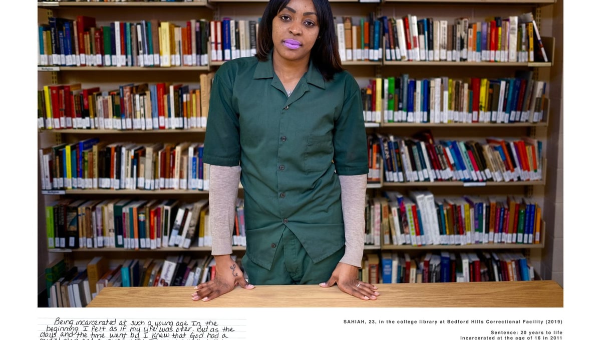 SAHIAH, 23, in the college library at Bedford Hills Correctional Facility (2019).