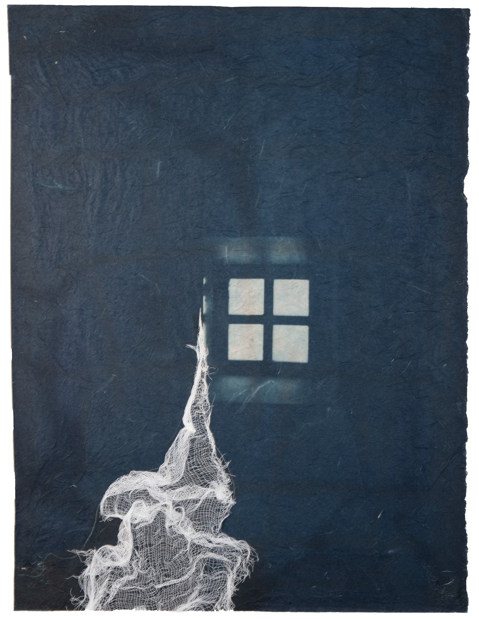 This is an image showing light and fabric floating from a window. It was made with the cyanotype process onto semi-transparent, hand made paper. Cyanotype is a process developed in the 1840s, the same time period that I am reflecting upon. It has been toned with black tea and cheese cloth is attached. The tea tones the bright blue of the cyanotype to a duller brown and blue. The cloth adds a ethereal sense and feeling of timelessness. The paper is ripped and torn in places and the edges of the paper are deckled. I created this piece to reflect upon thoughts of past lives and forgotten ancestors. © Patricia Howard