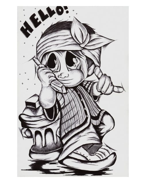 Ballpoint pen drawing on paper, folded into a card- sent from a then 33 year old man who has been in prison since the age of 13. He has been primarily in solitary confinement since the age of 16.© Amy Elkins