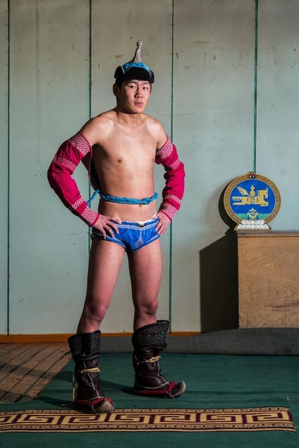 Wrestling, one of the four traditional Mongolian sporting disciplines.
