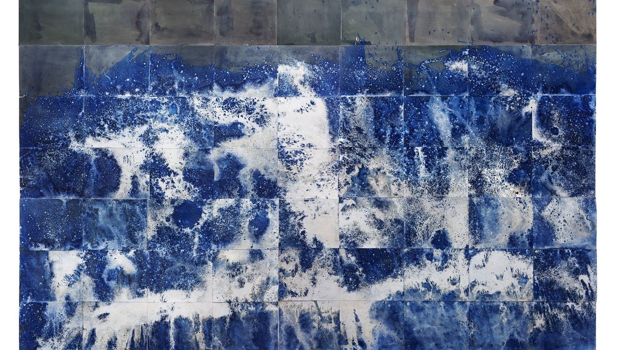 Littoral Drift Nearshore #209 (Springridge Road, Bainbridge Island, WA 02.12.15, Fletcher Bay Water Poured and Fletcher Bay and Fay Bainbridge Silt Scattered)133x216”, Unique Cyanotype