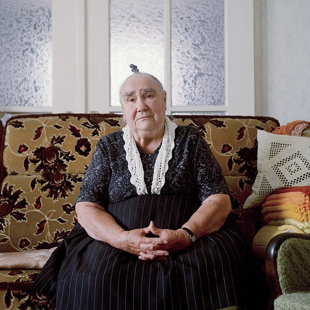 Anna Katharina Haber (b. 1926) in her garb for everyday life, Schwalm, Hessia, Germany, 2014. From the series: Village Queens. The last women in their traditional peasant garbs