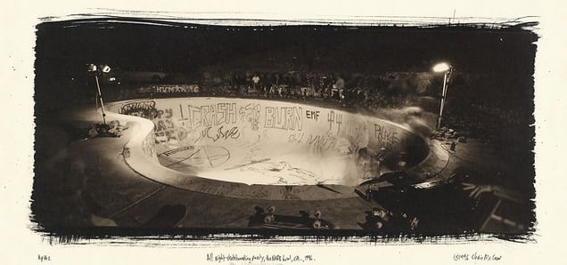 All night skateboard party, the Nude Bowl, near Palm Springs, 1996. © Chris McCaw