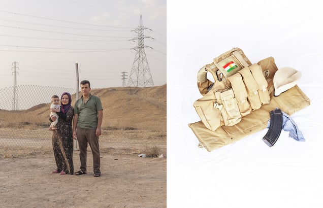 A portrait of Youssef, 24, and Zeinab, 21, with their 6 month old son Yacub. The portrait has been paired with the Peshmerga flak jacket that Youssef took with him when leaving his hometown. 24/05/15.