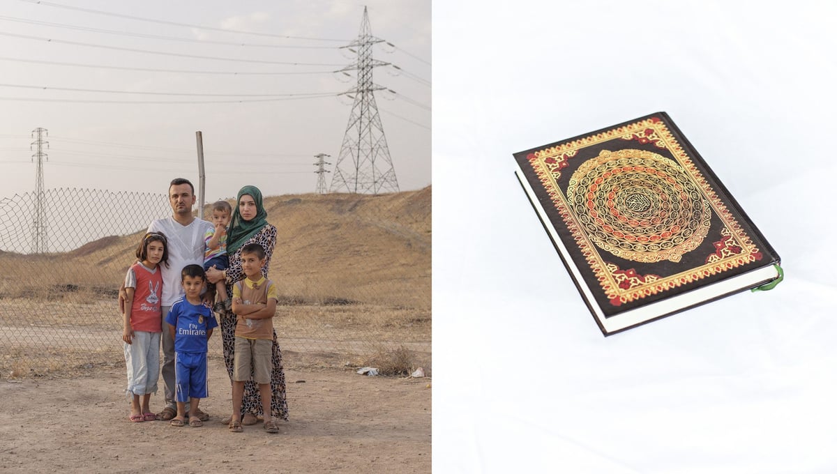 A portrait of Hayder, 32, his wife Zahraa, 27, and their kids Nabaa, Moustafa, Muhamed and Fadel. The portrait has been paired with the holy Quran that Hayder took with him when leaving his home in Bartella. 24/05/15, Chermo camp, Chamchamal, Iraq.