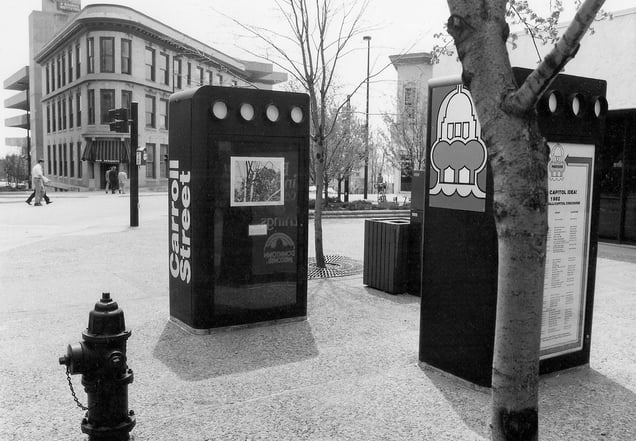 'In situ' installation view, south corner, Capitol Square, Madison, WI, 1982