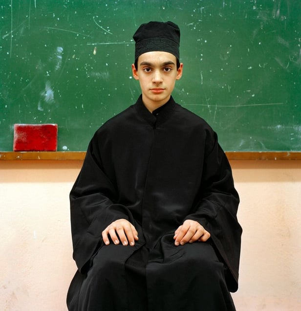 Pupil at the Athonias Academy, Karyes, 2008. From the series "Athos/Colors of Faith"