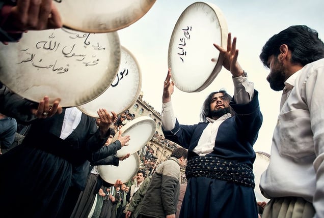 Howraman Takht, Iran: Pilgrims in the Kurdish part of Iran celebrate the pre-Islamic religious holiday of Aroosi Pir Shahriar. The men are playing the Daf drums while the dervishes are reaching a trance like state through their dance. © Matjaz Krivic